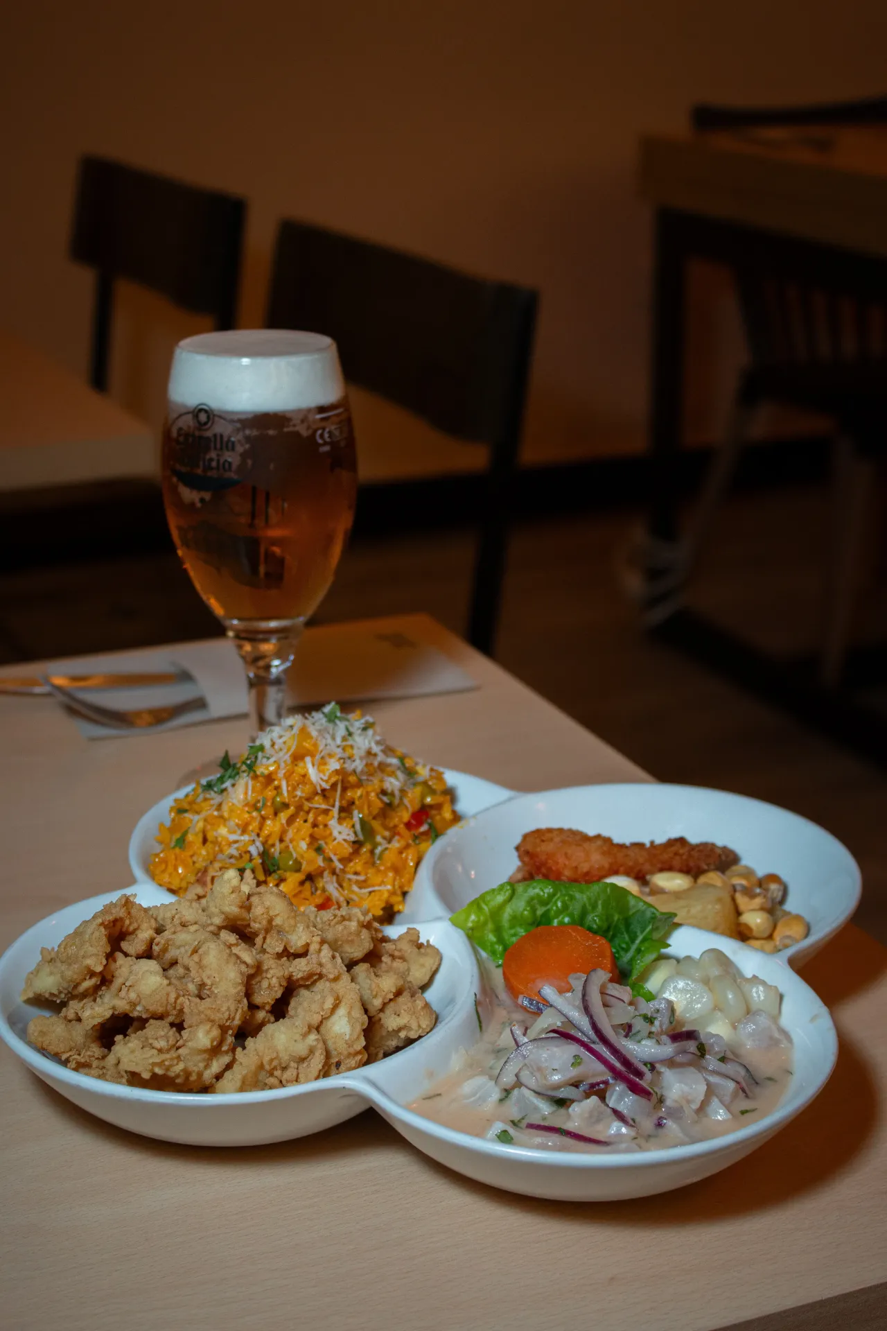 Trio: ceviche + arroz de mariscos + chicharrón de calamares